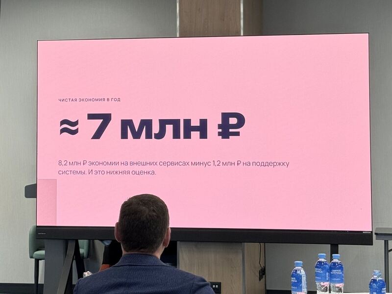 Слайд «≈7 млн ₽ чистой экономии в год» на экране в зале делового завтрака по ИИ в Омске